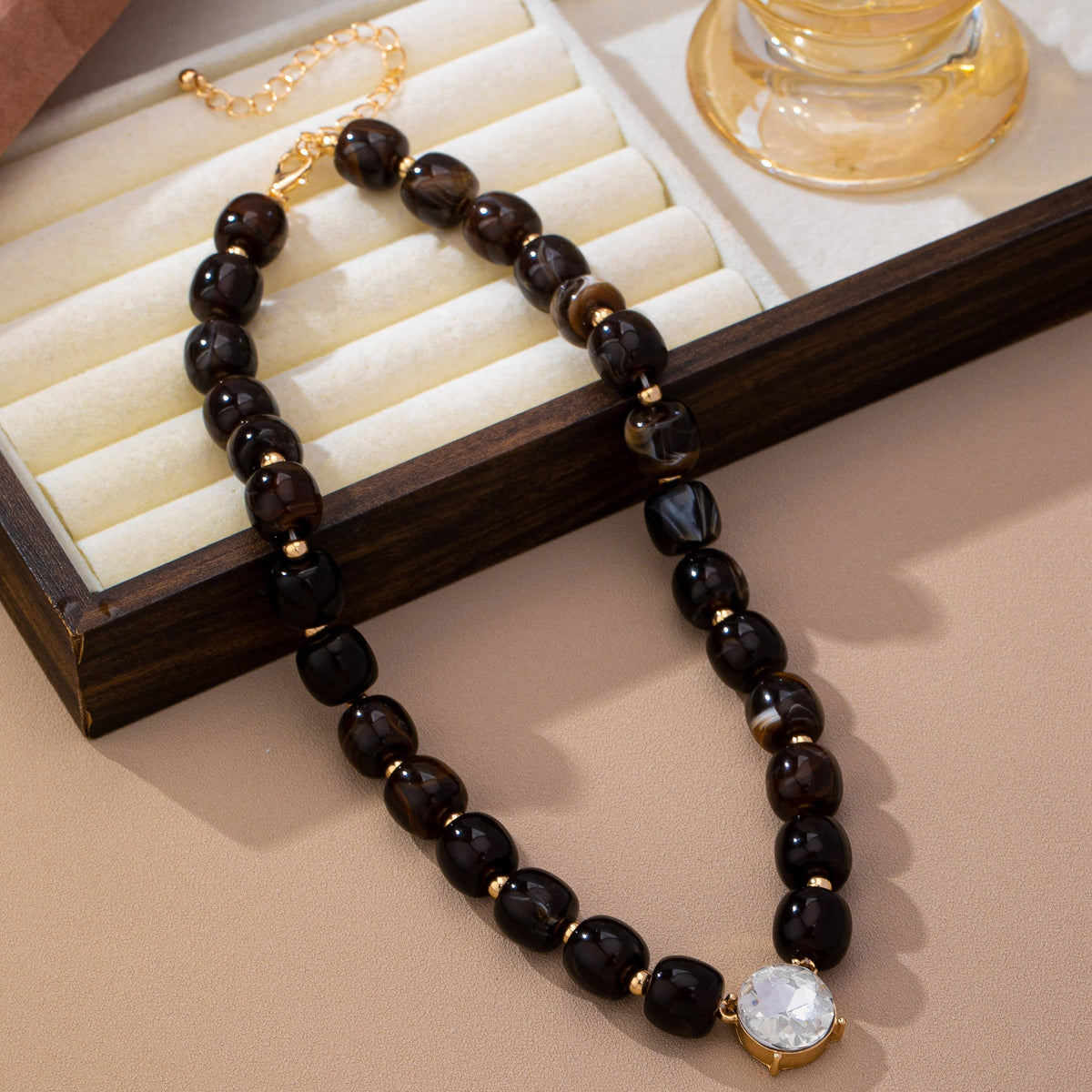 Resin Bead Round Crystal Pendant Necklace | RED