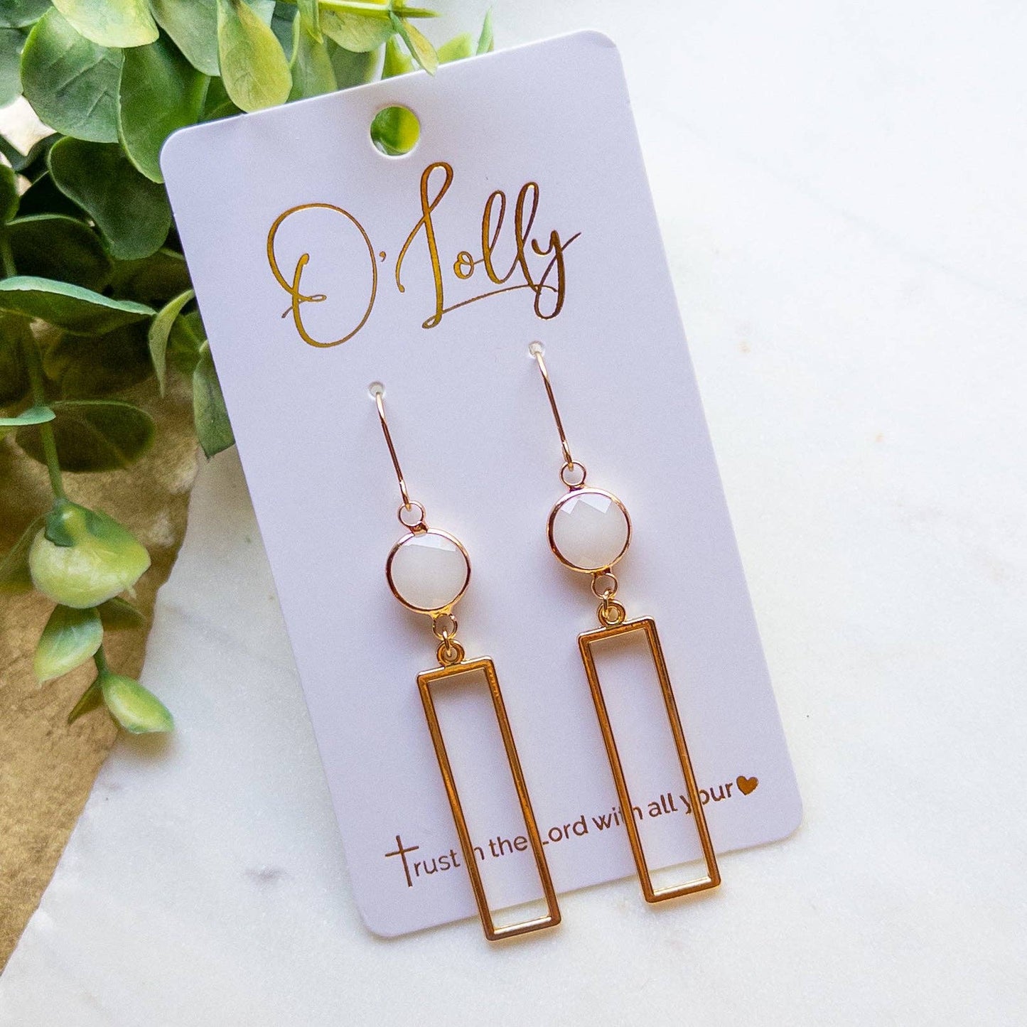Opal Rectangle Dangle Earrings – Gold Geometric Earrings “Opie”