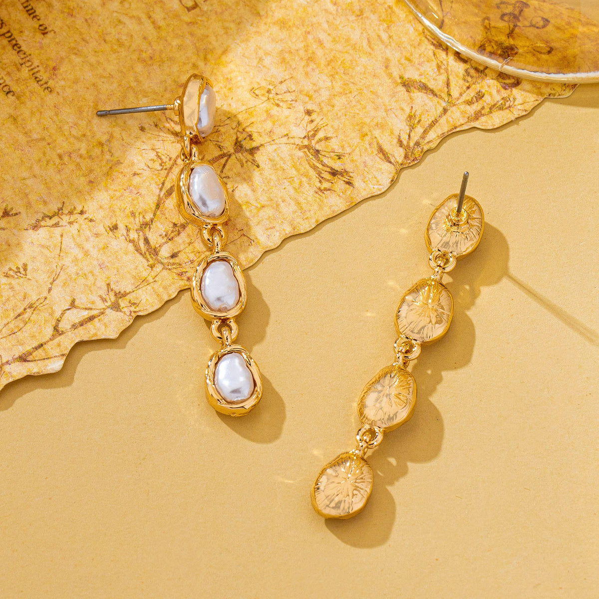 Organic Baroque Pearl Linear Drop Earrings Gold