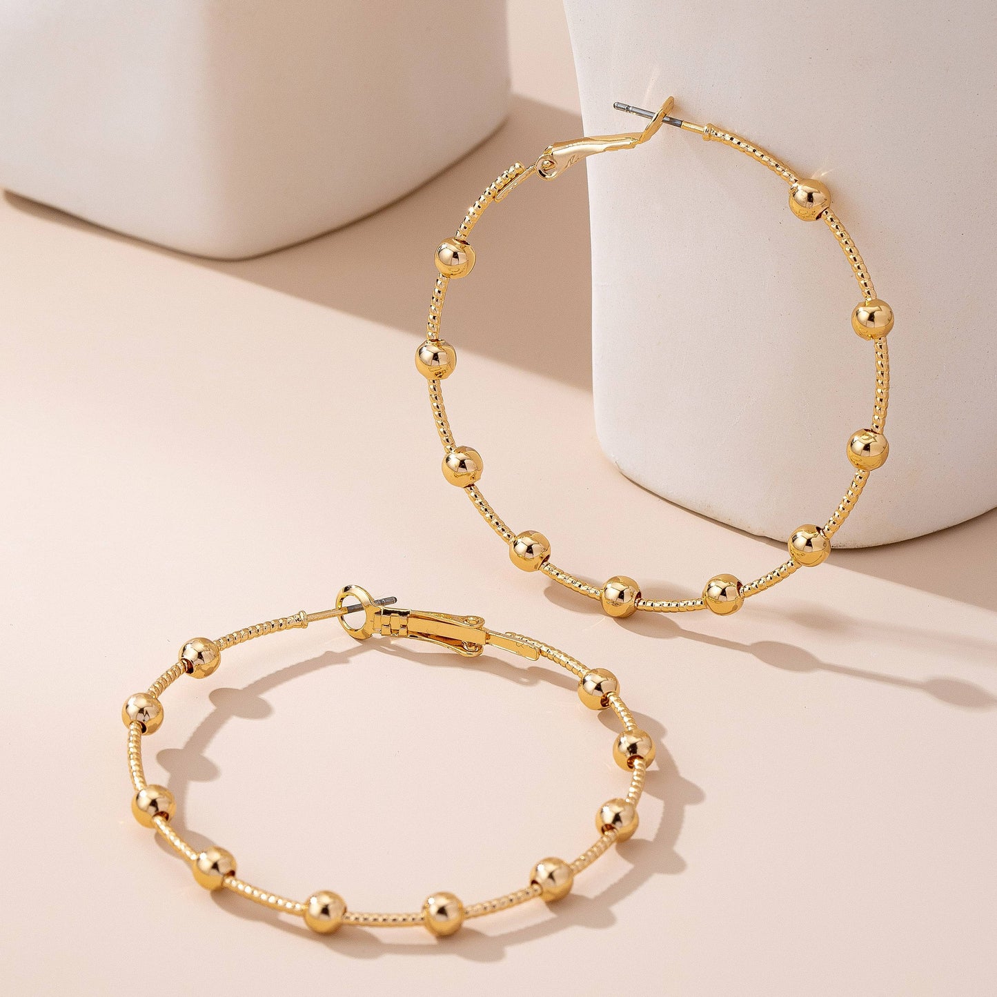Classic Gold Ball Beaded Station Hoop Earrings | GOLD