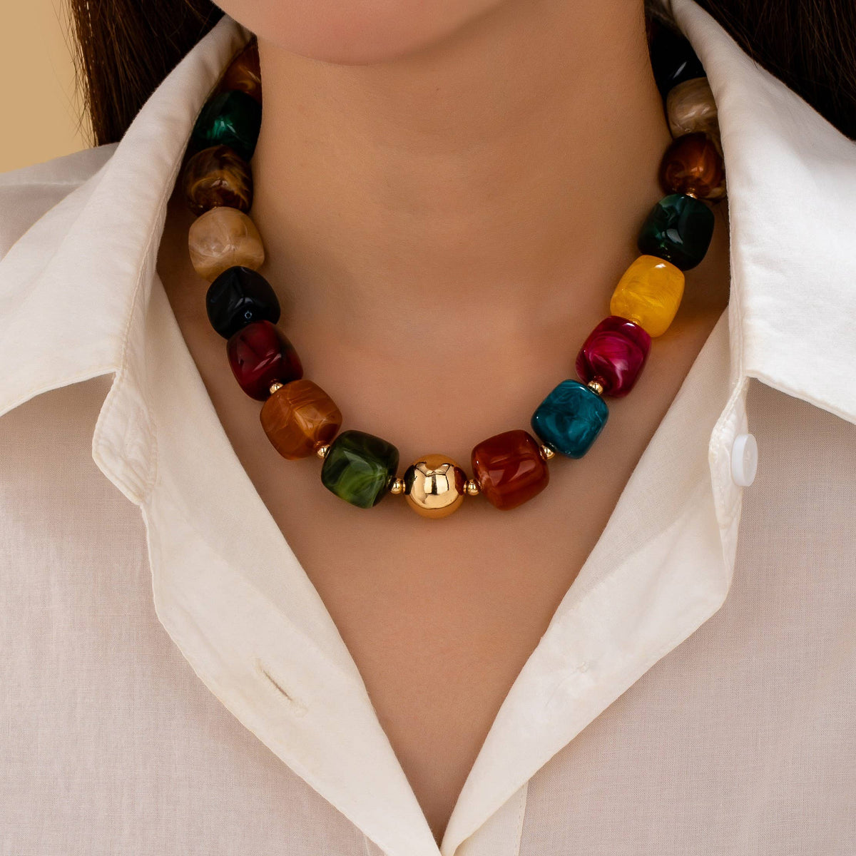 Multicolor Marbled Resin Bead Statement Necklace
