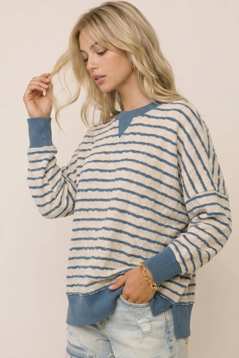 Relaxed Fit Textured Striped Pullover Top: Brown