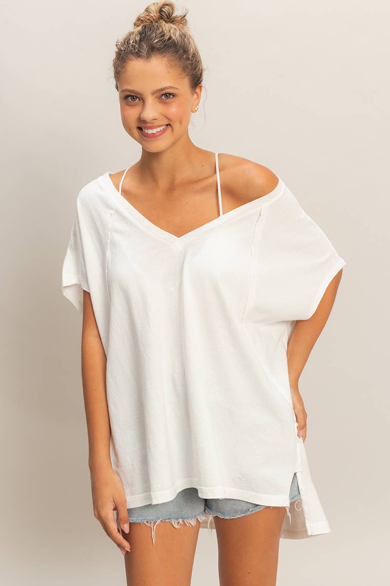 Oversized V-Neck Mineral Washed Top: BLUE