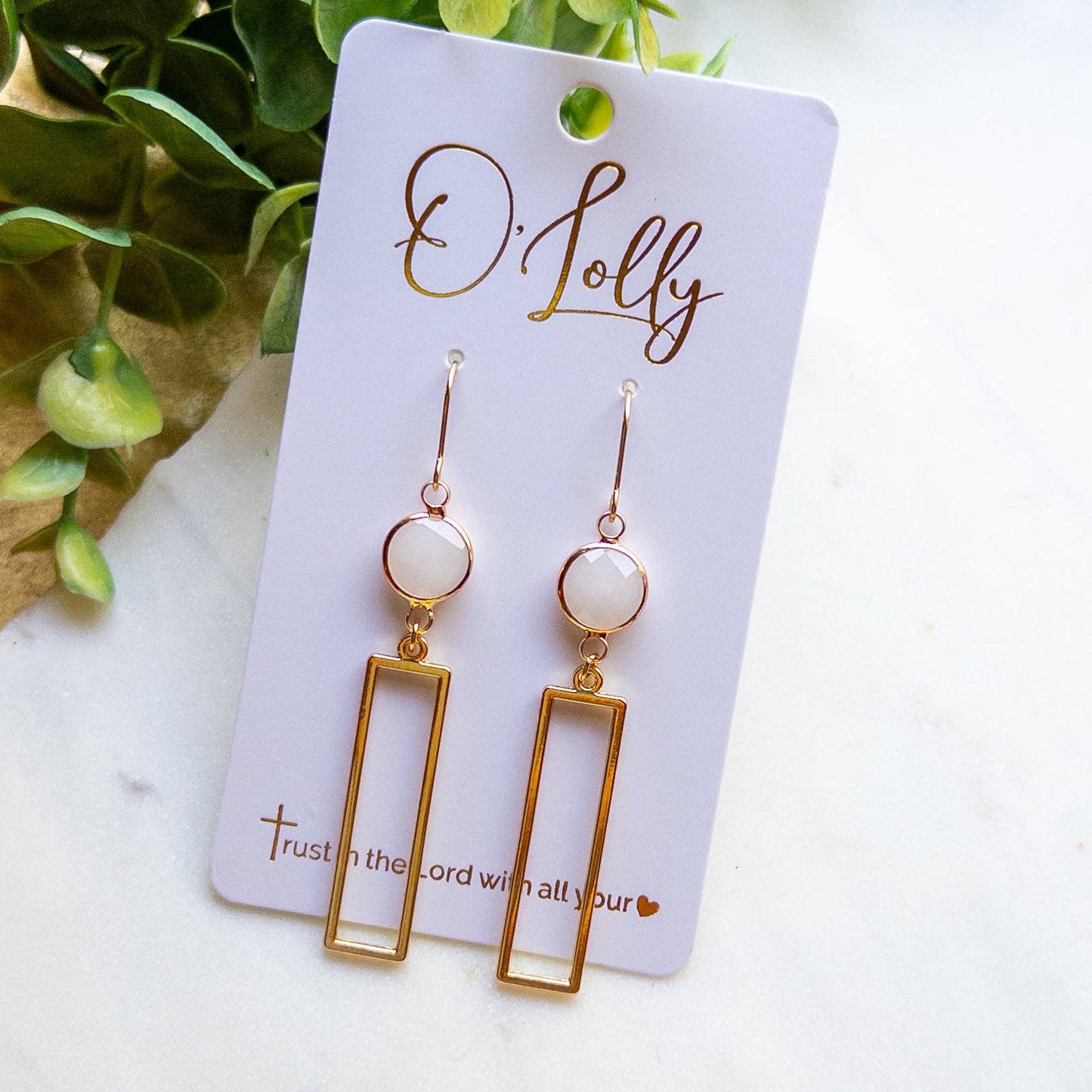 Opal Rectangle Dangle Earrings – Gold Geometric Earrings “Opie”