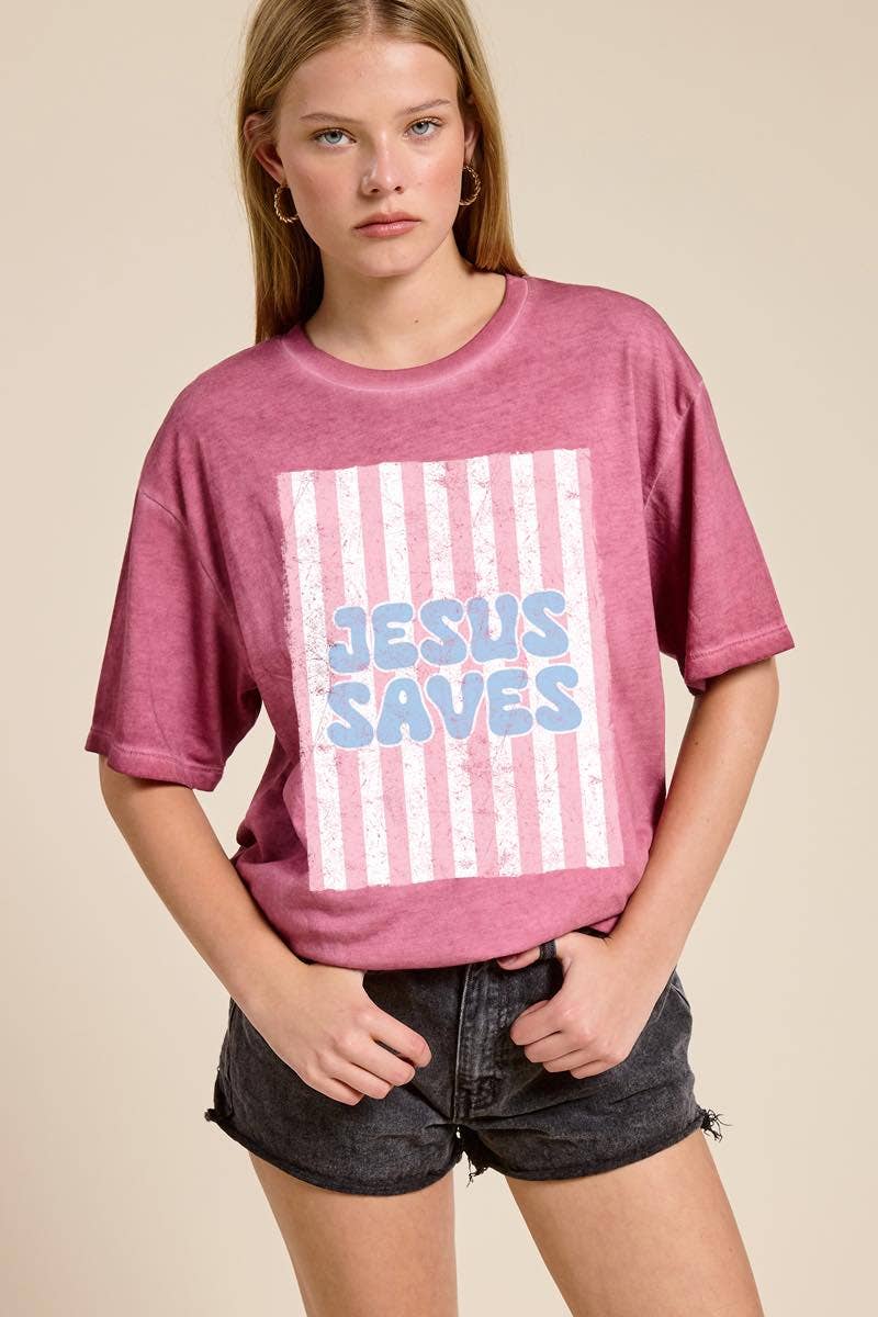 Jesus Saves Graphic S/S Lunar Dye Tee: BLUE