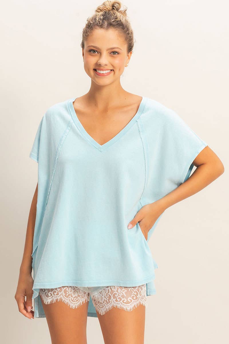Oversized V-Neck Mineral Washed Top: BLUE