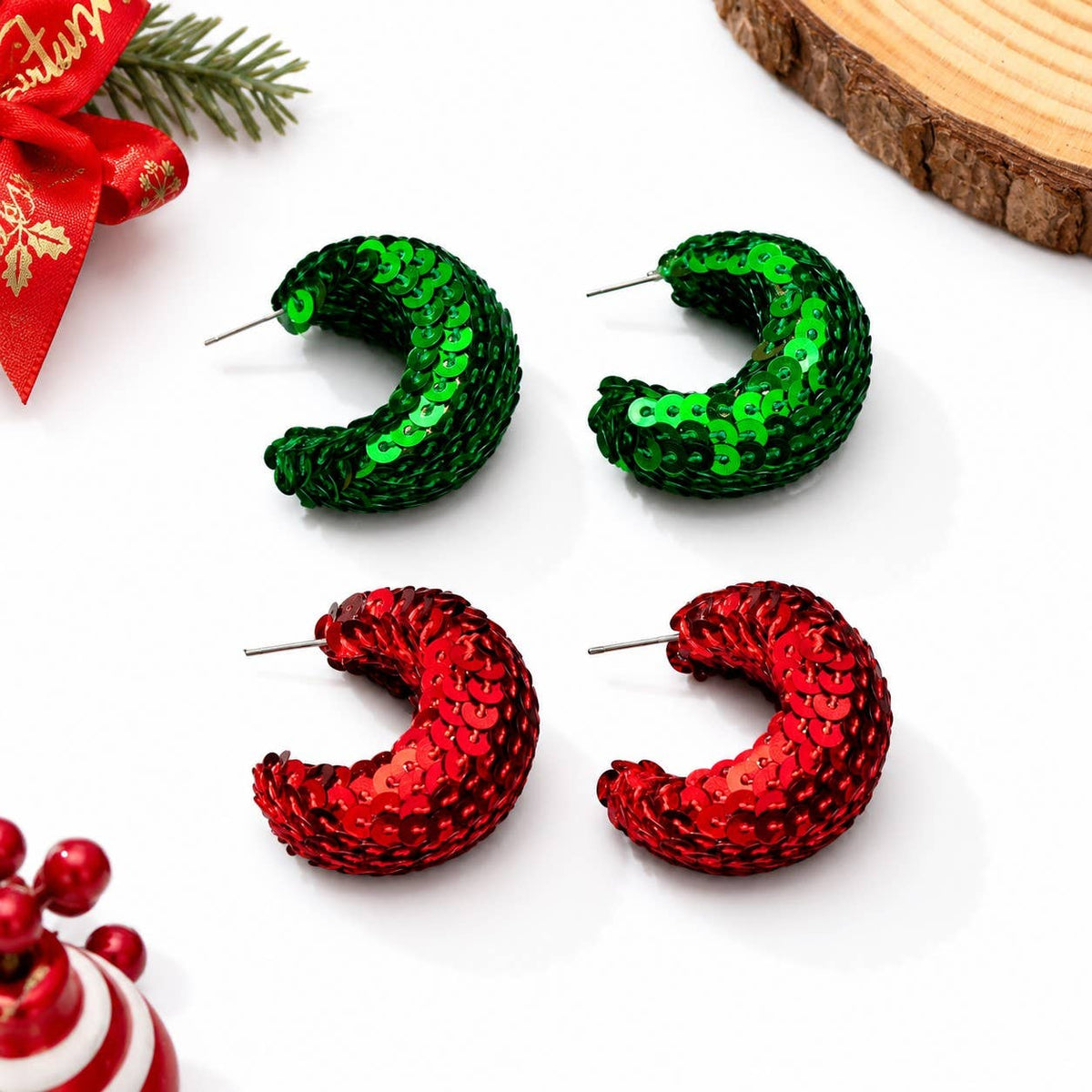 Christmas Red and Green Sequin Chunky Earrings RED
