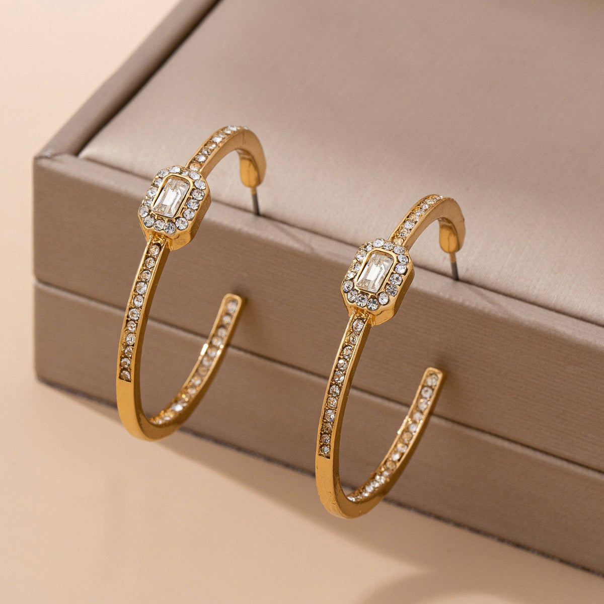 Solitaire Square Crystal Gold Hoop Earrings
