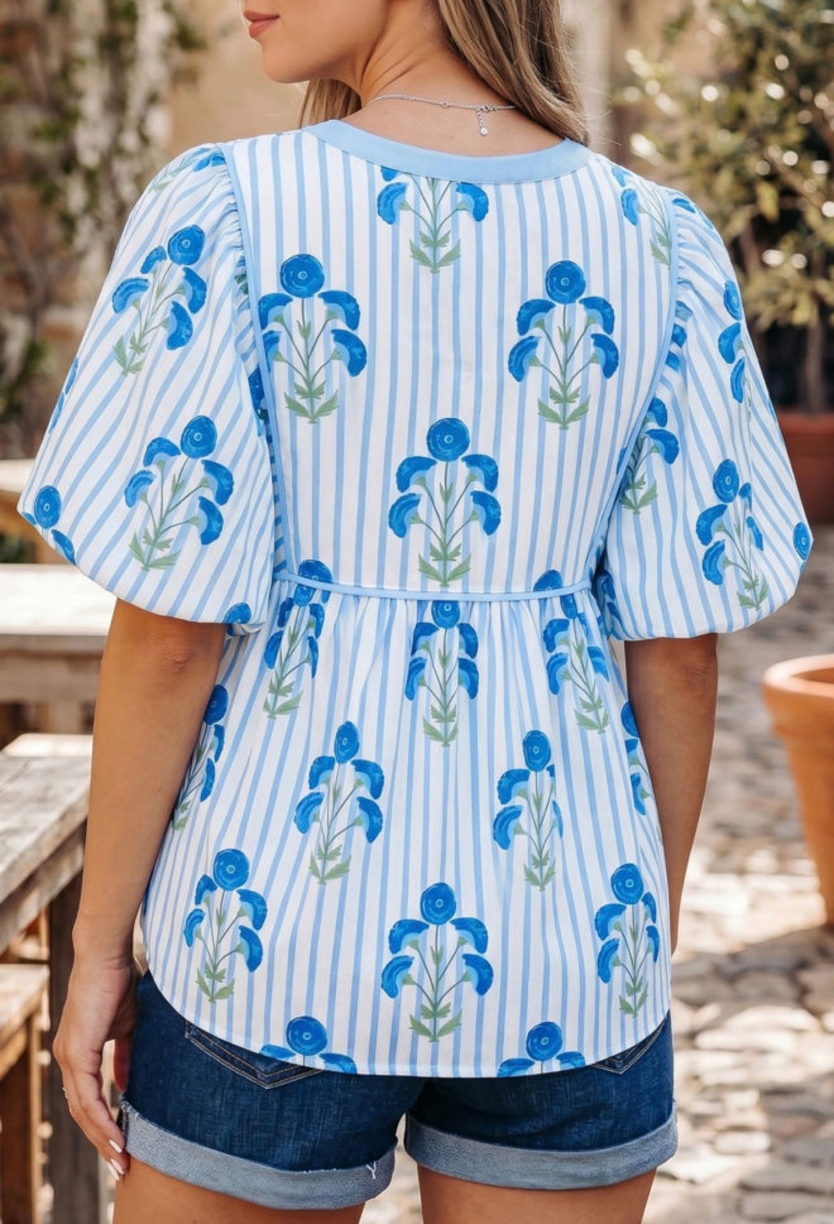 Blue Floral Striped Top