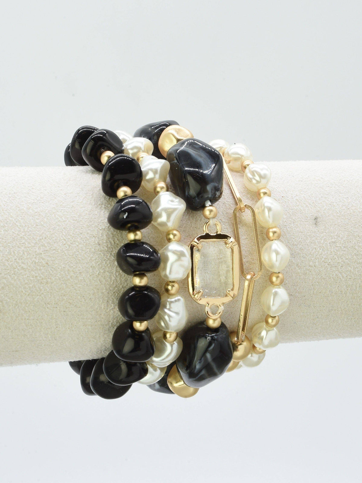 5 Piece Glass CCB Acrylic Stretch Bracelet Set: Magenta