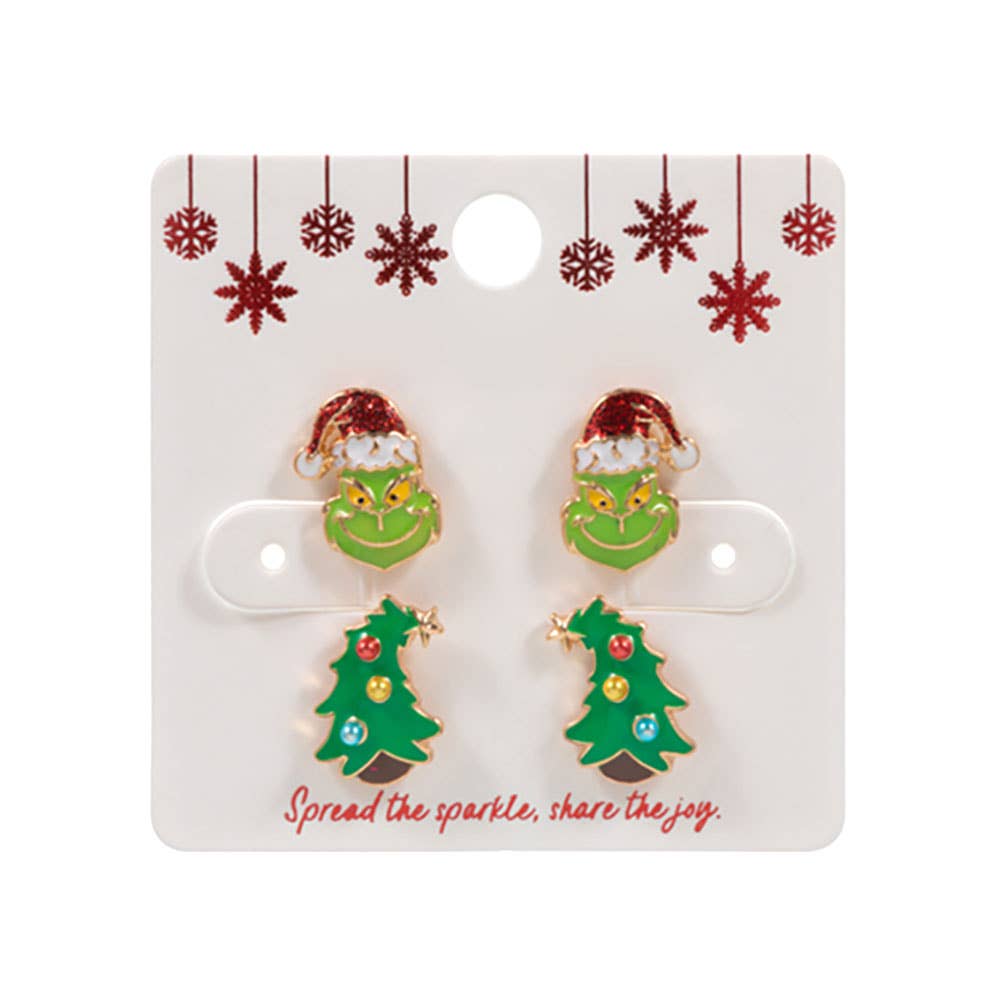 2Pairs - Christmas Grinch Green Monster Stud Earring Set: Pink