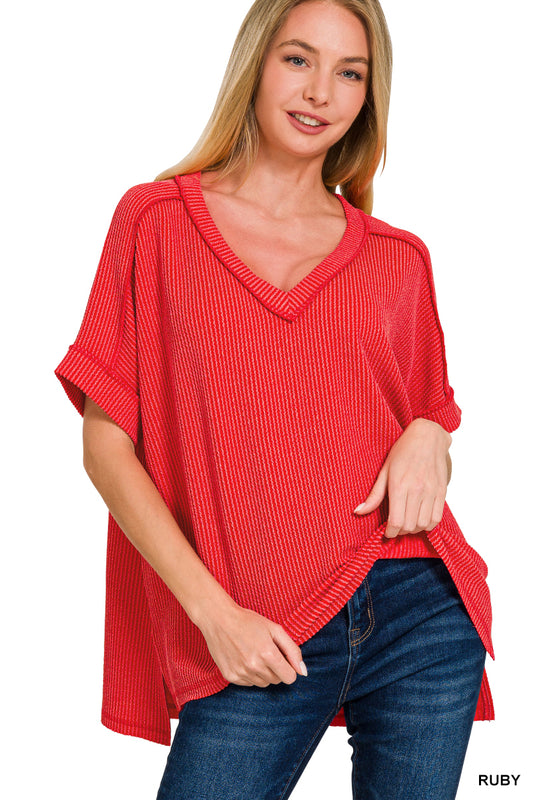 Ribbed V-Neck Tee-Red