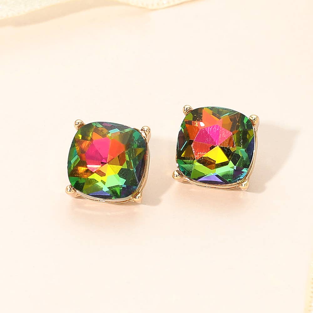 Square Cushion Stud Earrings: Gold,Siam