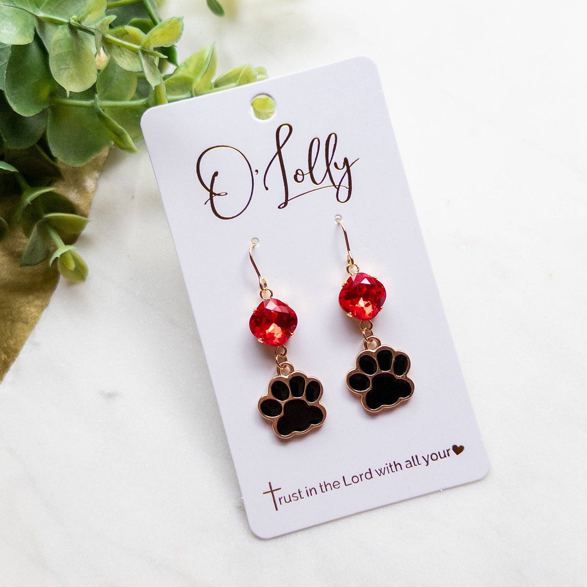 Paw Print Dangle Earrings – Red & Black School Spirit