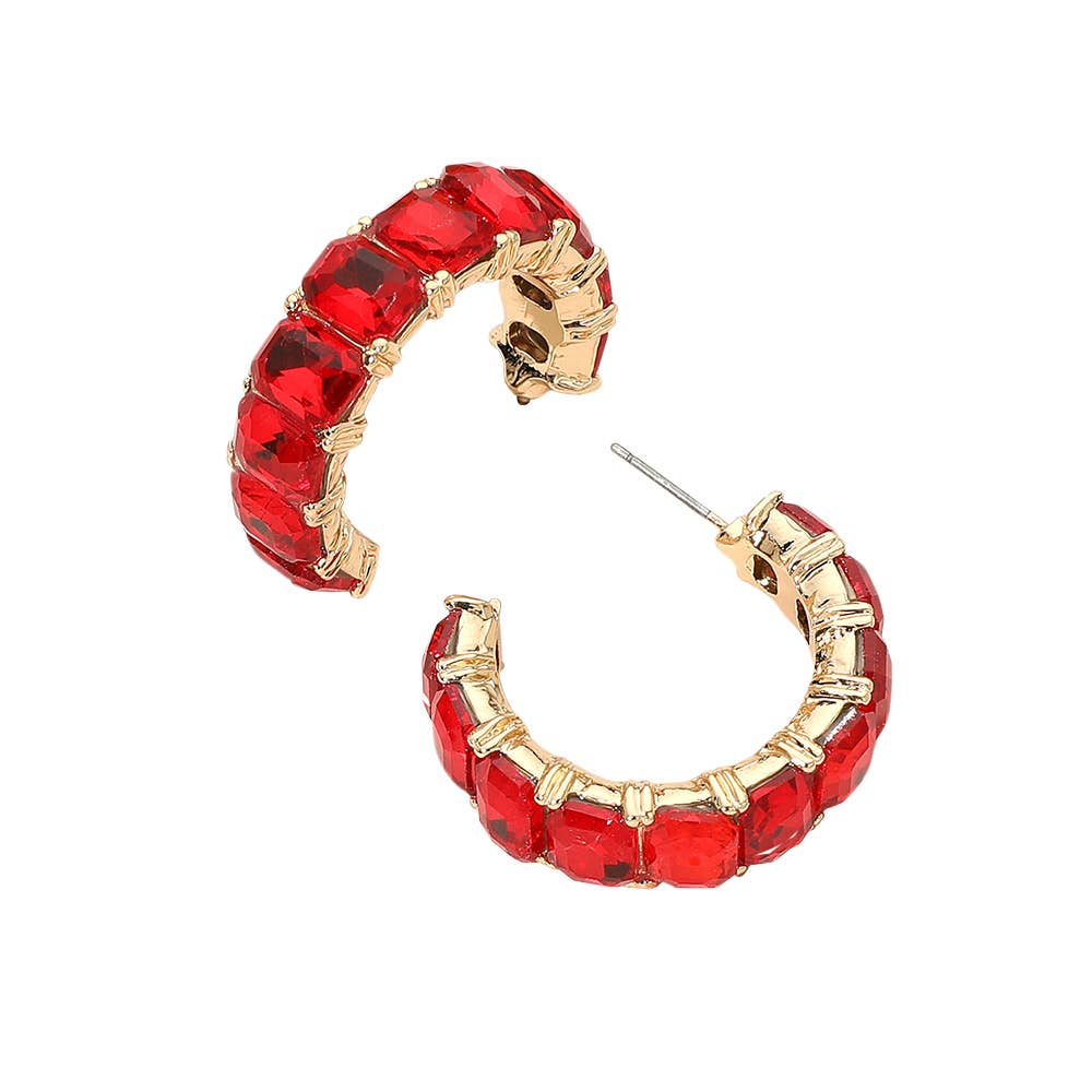 Faceted Rectangular Gem Curved Hoop Earrings: AB,Gold