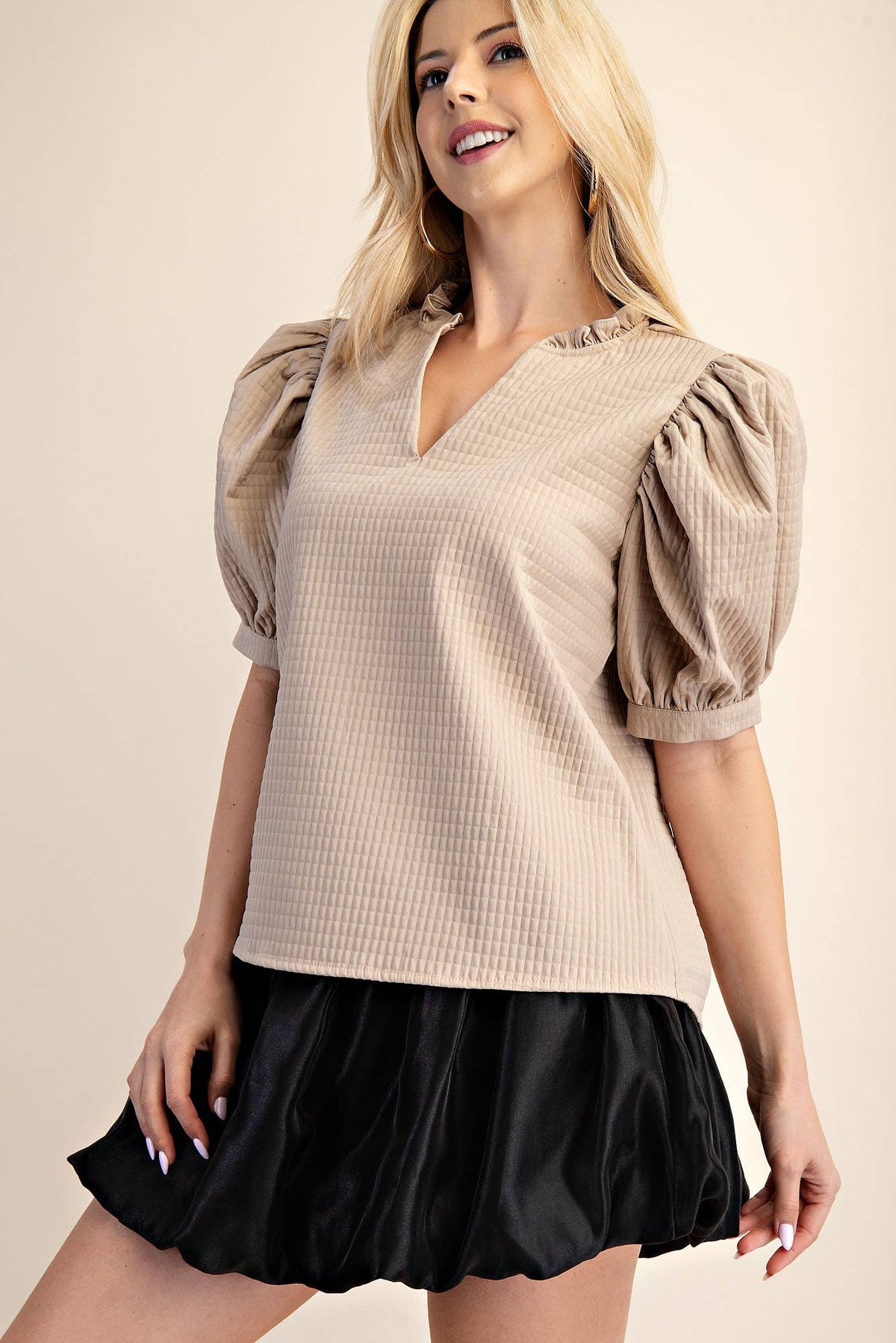 Puff Sleeve Ruffle V-Neck Textured Top: Beige