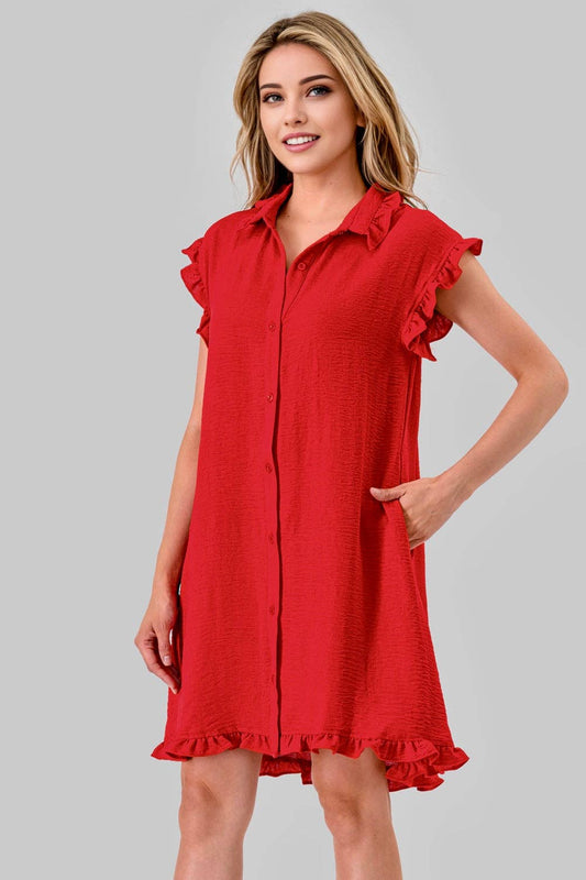 Avery Game Day Ruffle Button Down Dress Red