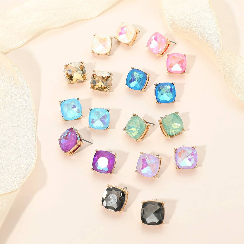 Square Cushion Stud Earrings: Gold,Siam