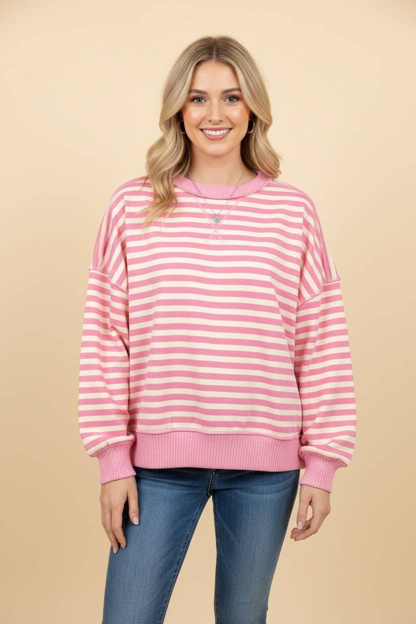 HT20276 Striped Drop-Shoulder Pullover Sweatshirt: CREAM/OLIVE / 2-2-2(S-M-L)