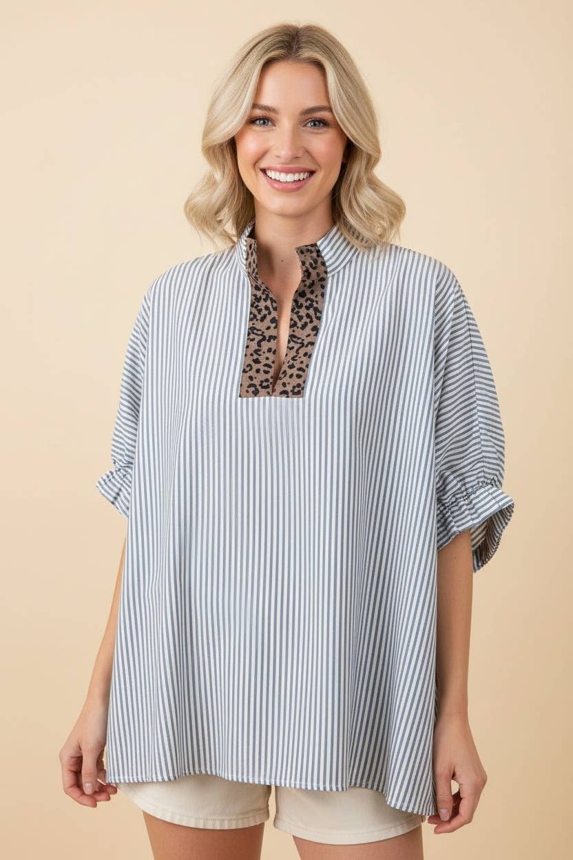Striped Oversized Split Neck Short Sleeve Top: MOCHA