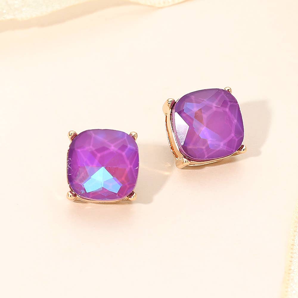 Square Cushion Stud Earrings: Gold,Siam