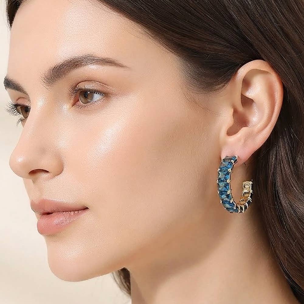 Faceted Rectangular Gem Curved Hoop Earrings: AB,Gold