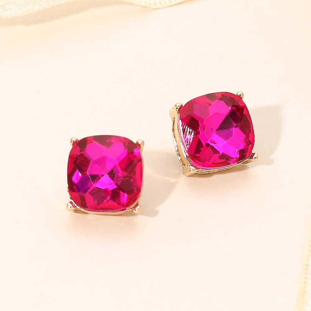 Square Cushion Stud Earrings: Emerald,Gold
