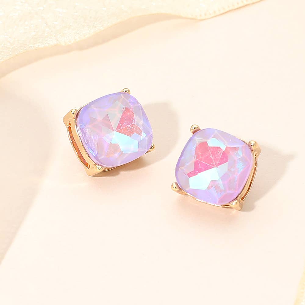 Square Cushion Stud Earrings: Emerald,Gold