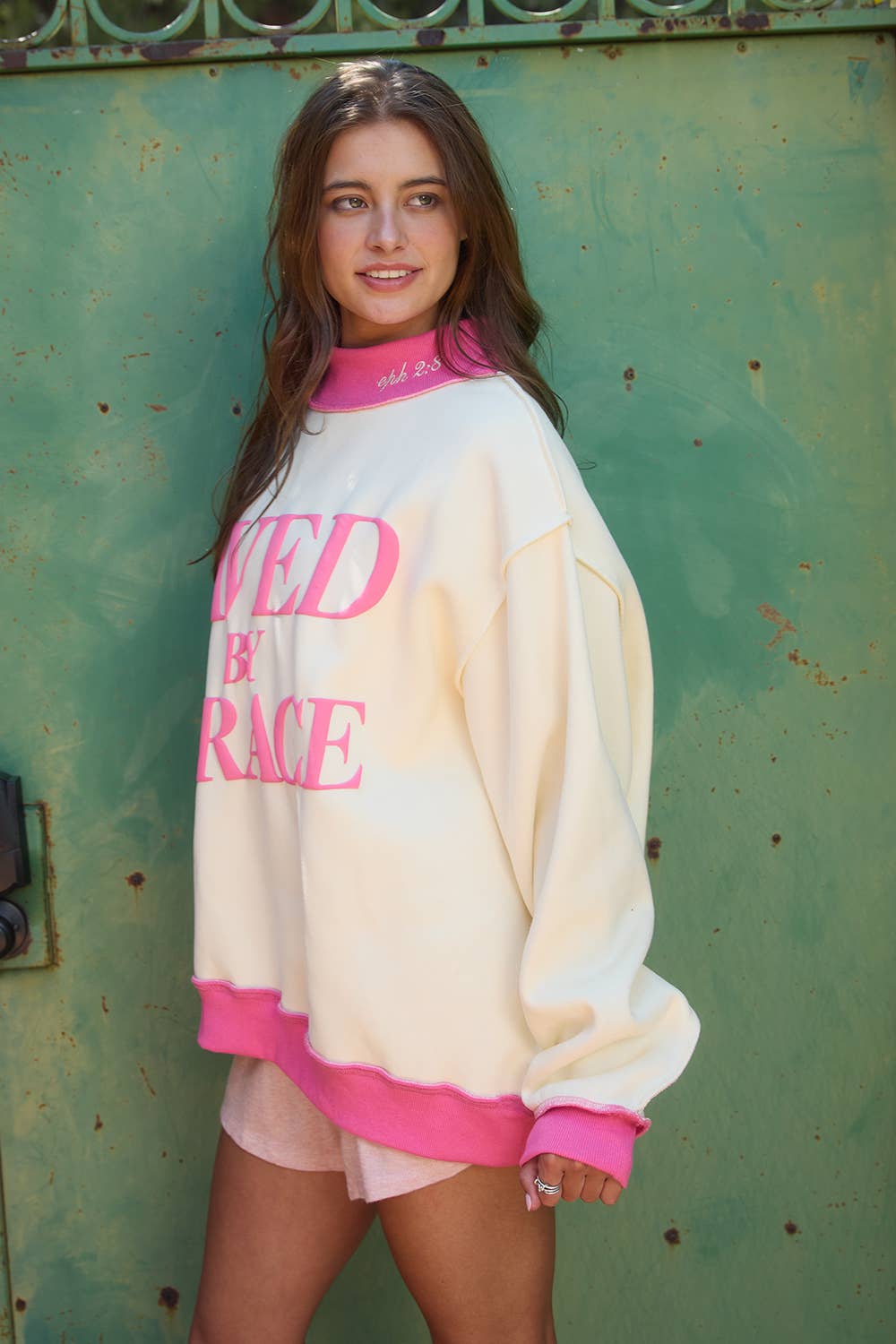 Saved by Grace Puff Print Sweatshirt: CREAM / PINK
