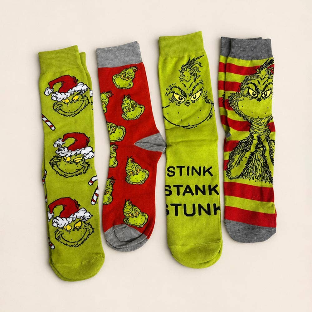 4Pairs - Holiday Grinch Character Printed Christmas Bundle Gift Socks Set