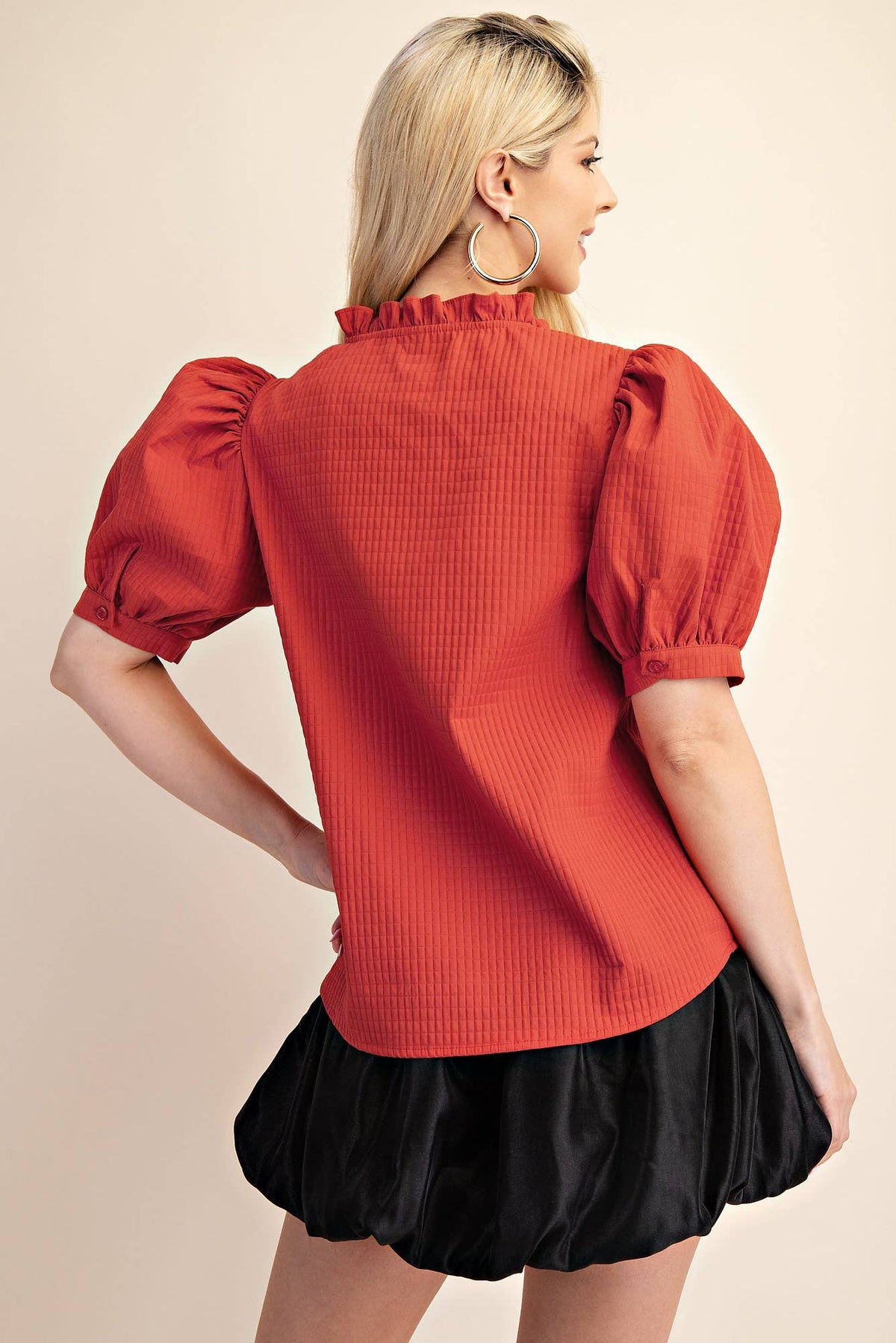 Puff Sleeve Ruffle V-Neck Textured Top: Beige