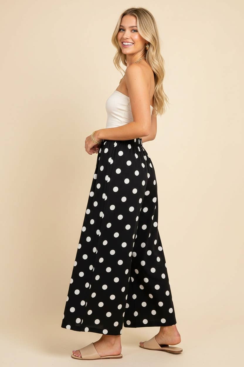 Polka Dot Wide Leg Cropped Pants: BLACK