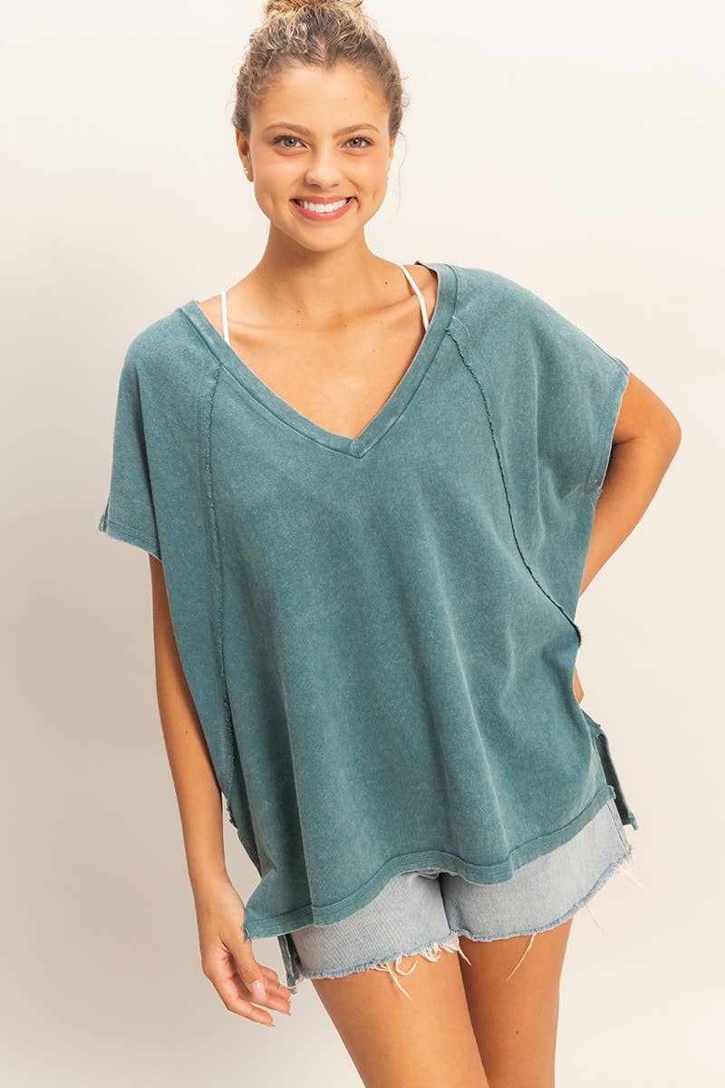 Oversized V-Neck Mineral Washed Top: BLUE