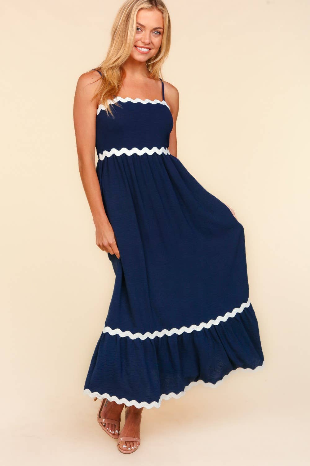 Square Neck Strap Adjust Fit and Flare Maxi :Light Blue