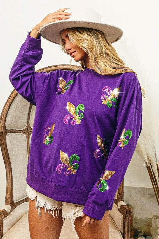 Purple Fleur De Lis Sequin Pullover