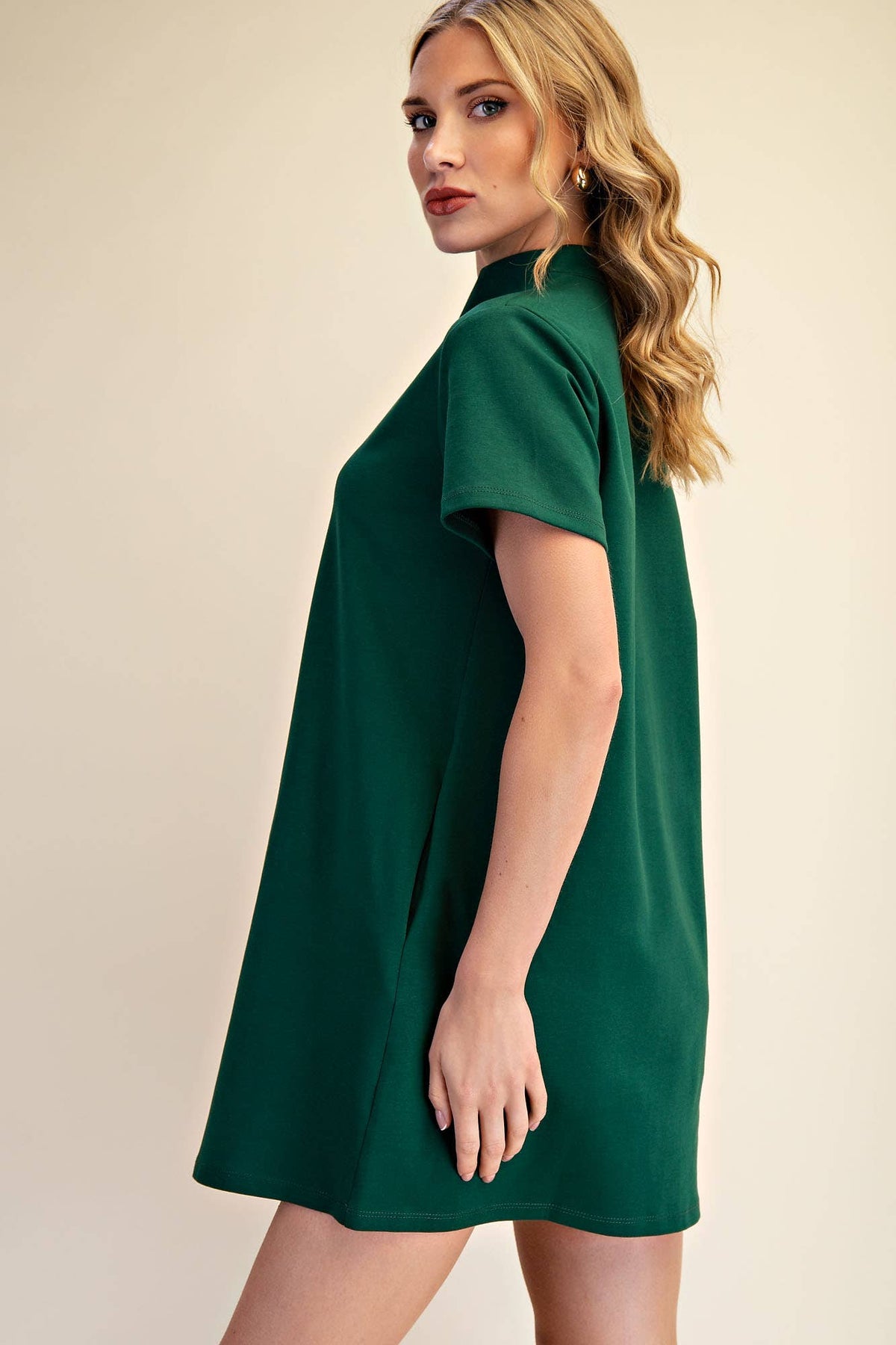 Stand Collar V-Neck Slit Dress: Hunter Green