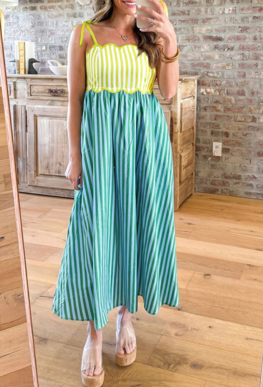 Green Striped Scalloped Dress