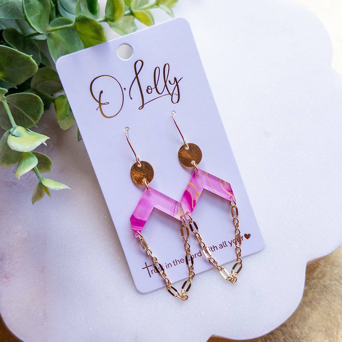 Pink Geo Chain Drop Earrings “Gia”