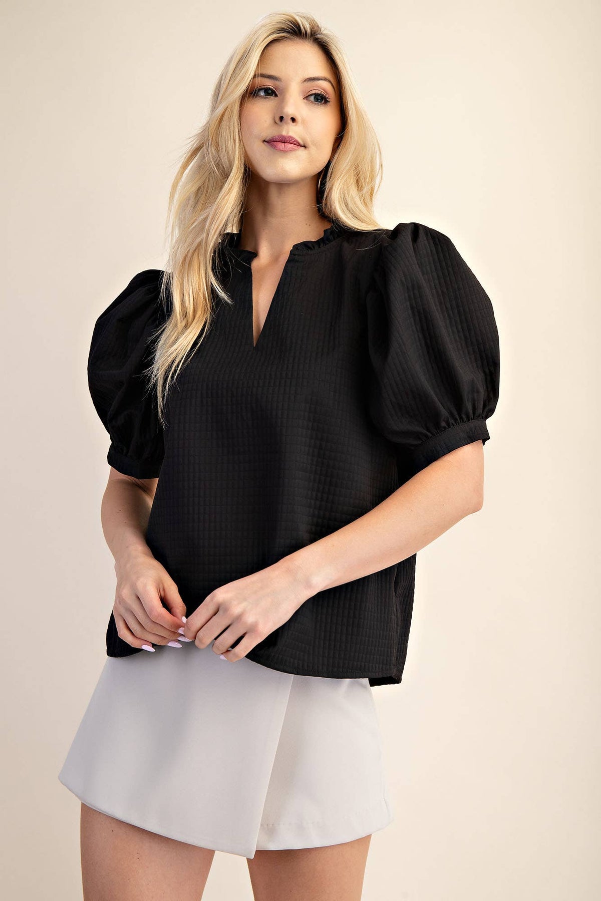 Puff Sleeve Ruffle V-Neck Textured Top: Beige