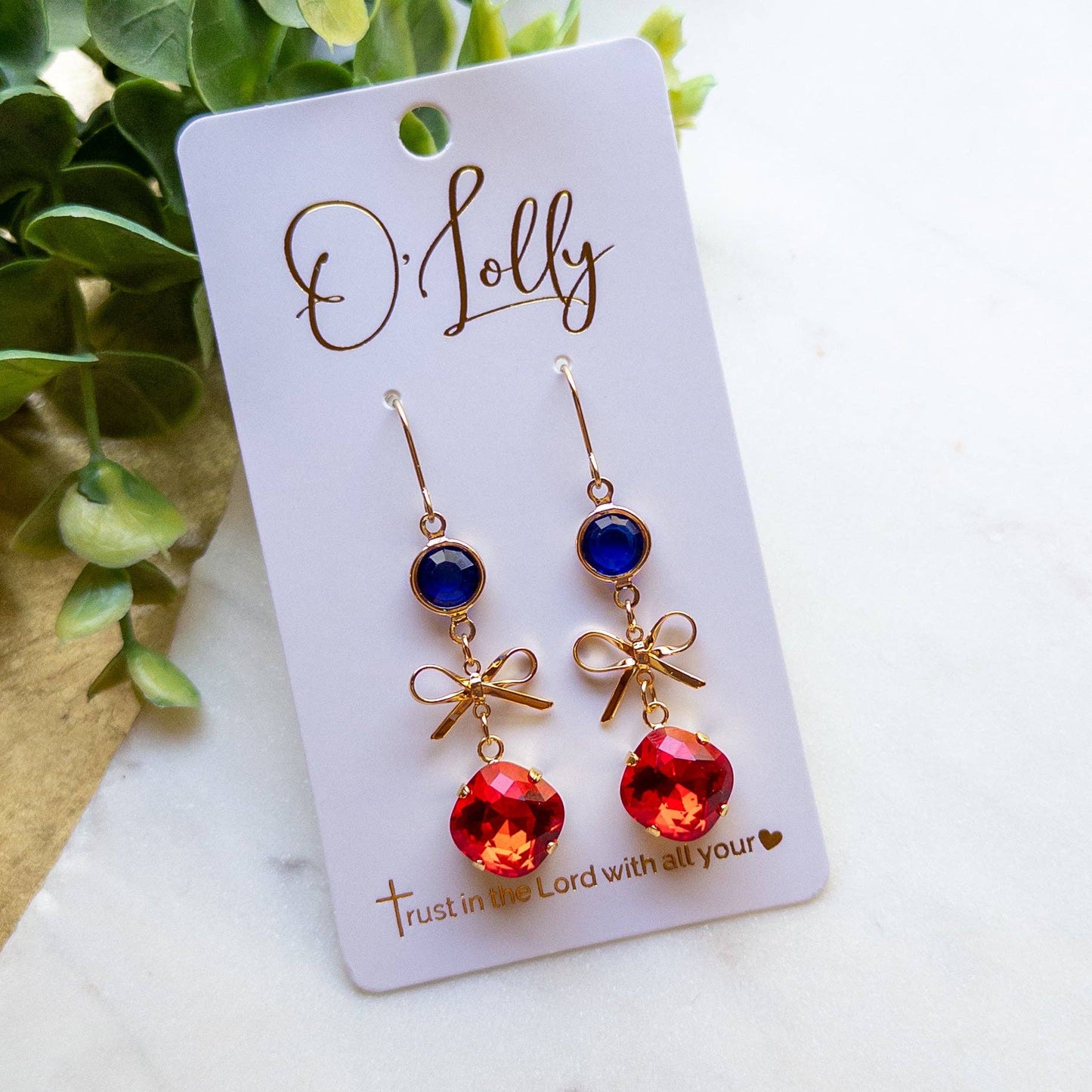 Crystal Bow Dangle Earrings – Red & Blue Rhinestone Earrings – Gold Bow Statement Earrings “Missy”