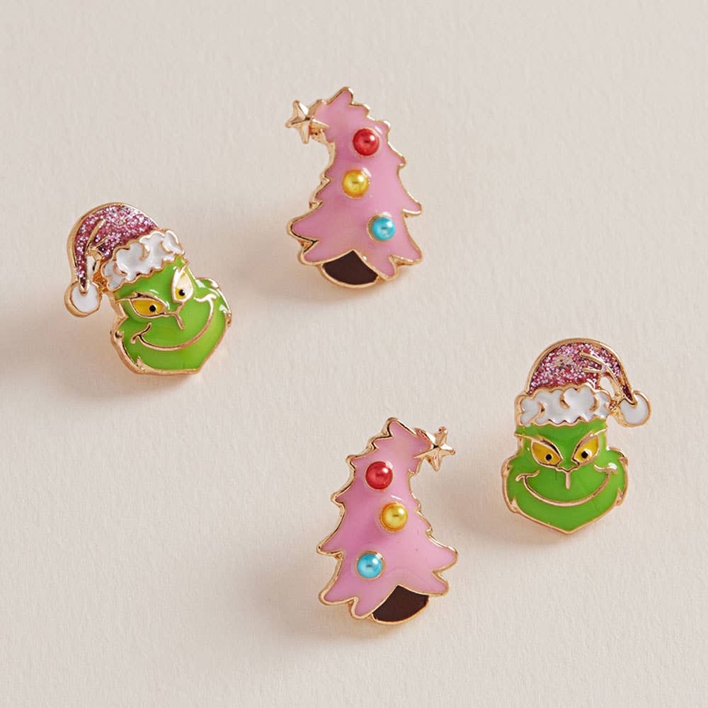 2Pairs - Christmas Grinch Green Monster Stud Earring Set: Pink
