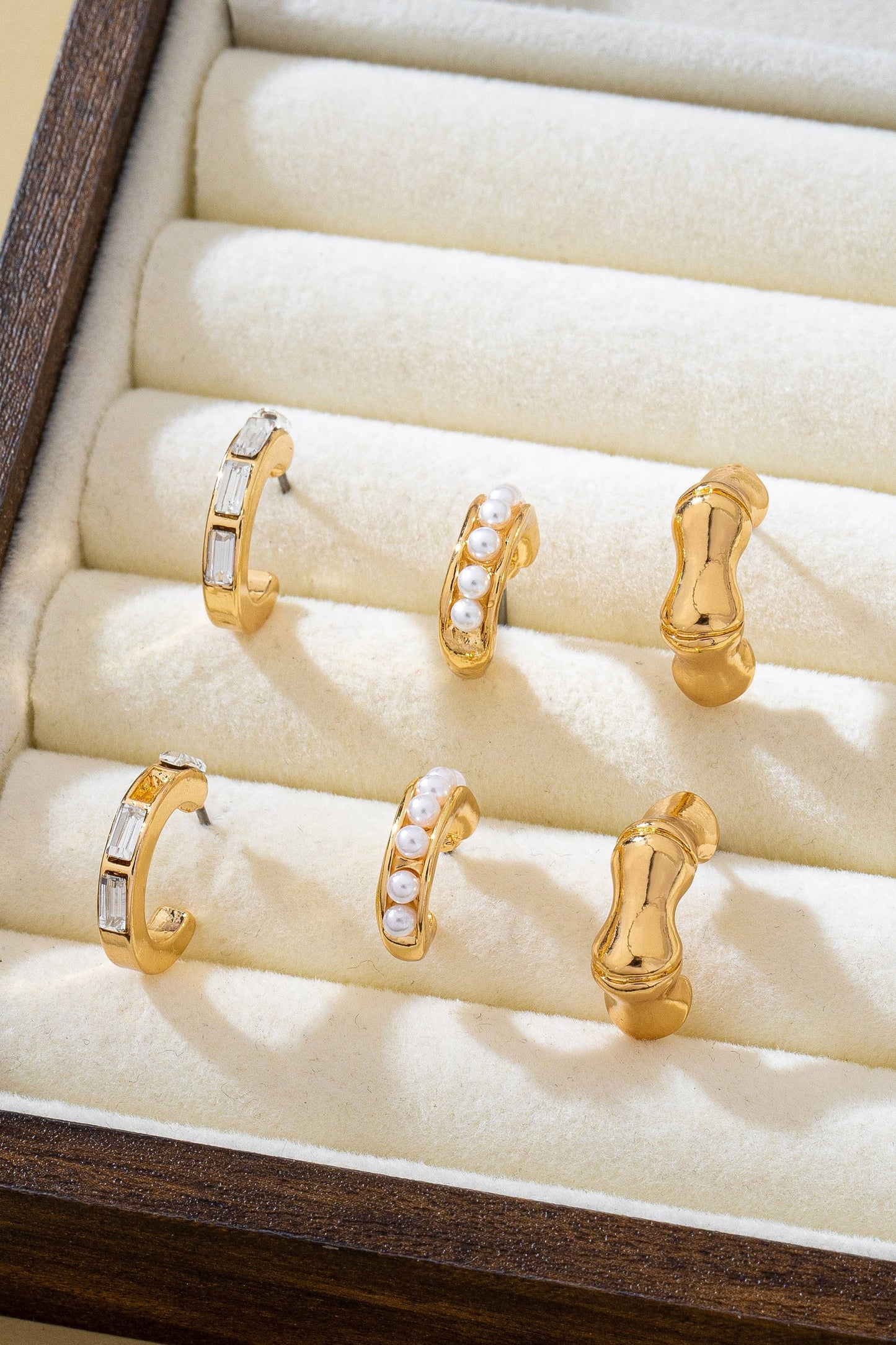 Pearl Rhinestone Multi Hoop Trio Earrings GOLD