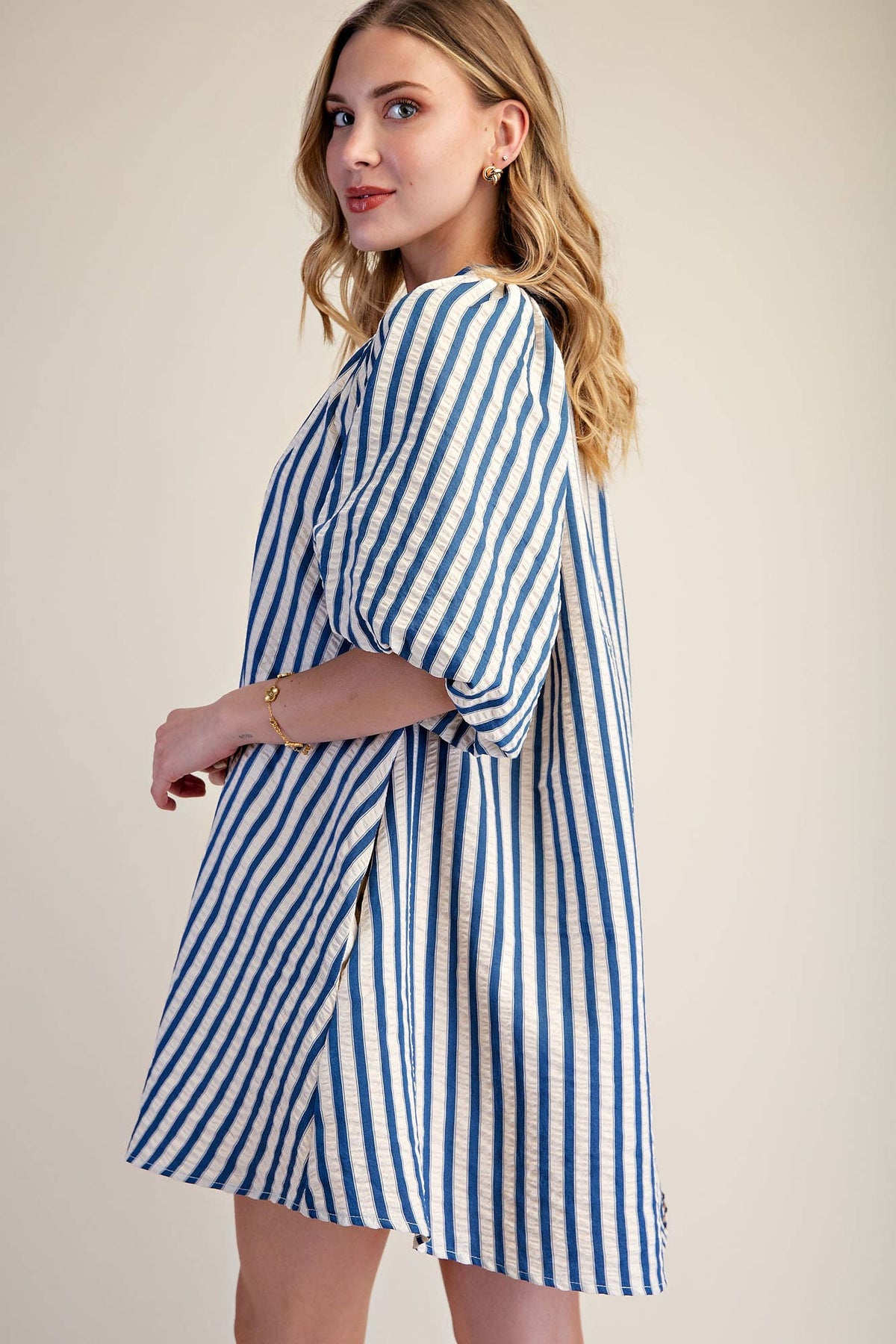 Puff-Sleeve Shift Stripe Mini Dress: Brown