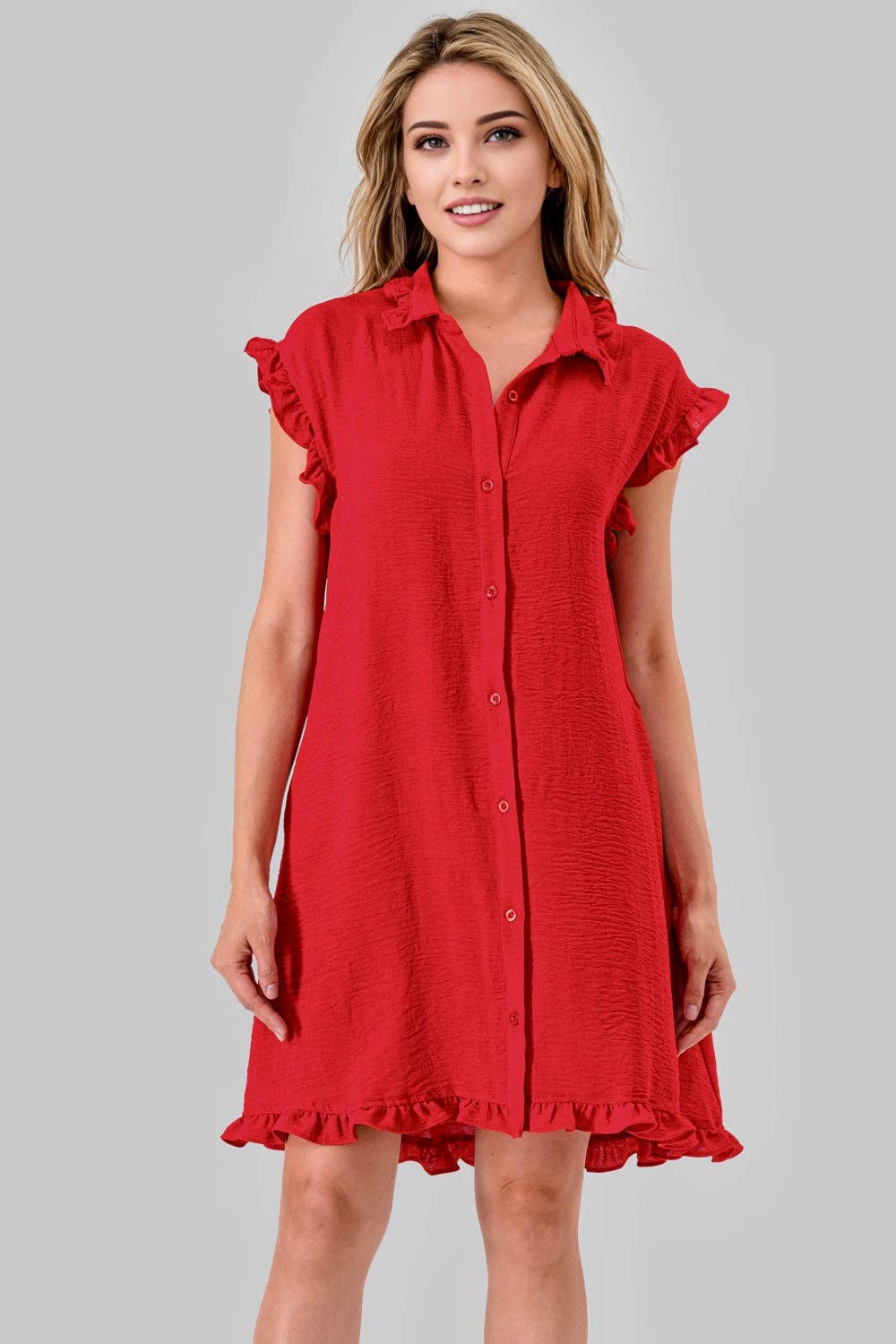 Avery Game Day Ruffle Button Down Dress Red