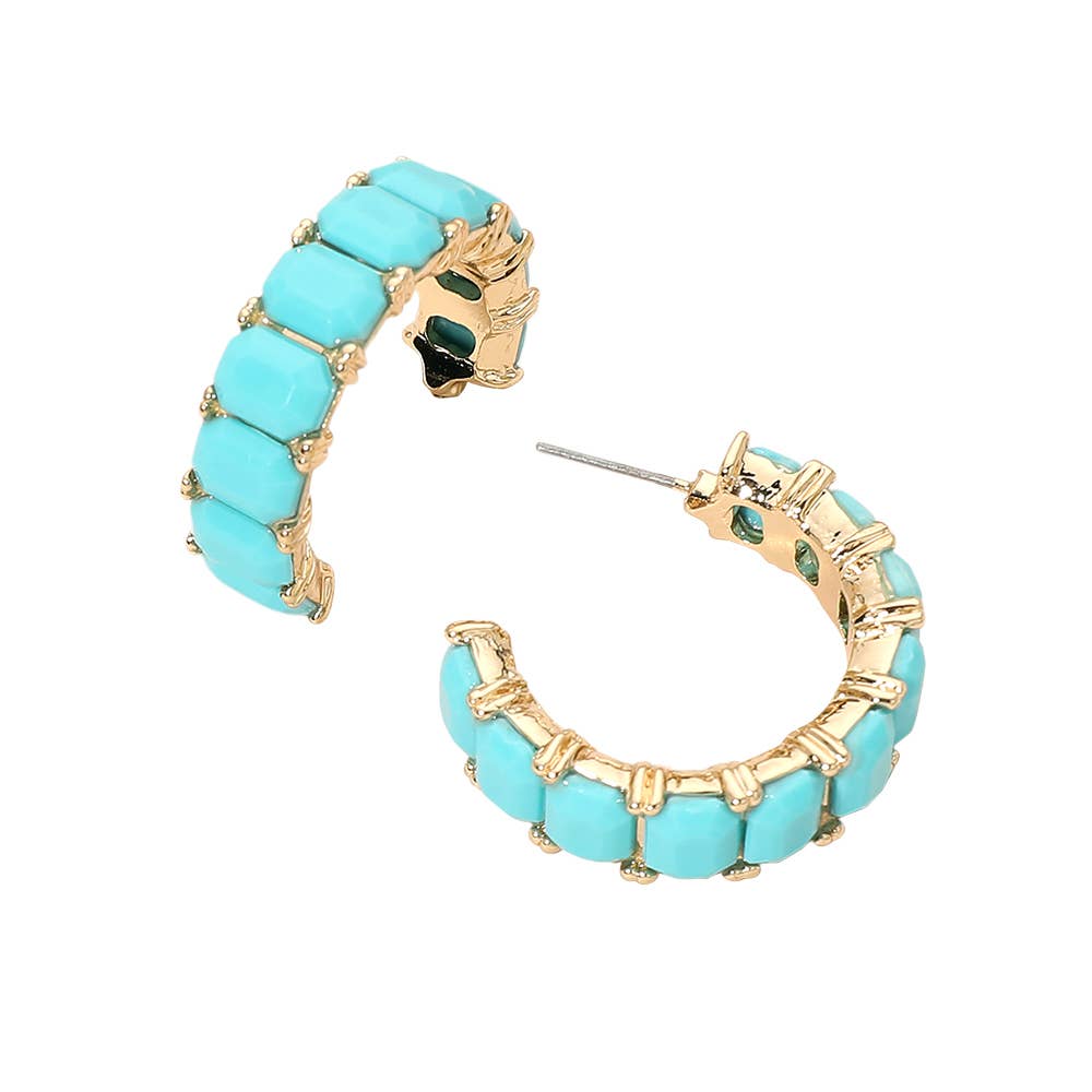 Faceted Rectangular Gem Curved Hoop Earrings: Champagne,Gold