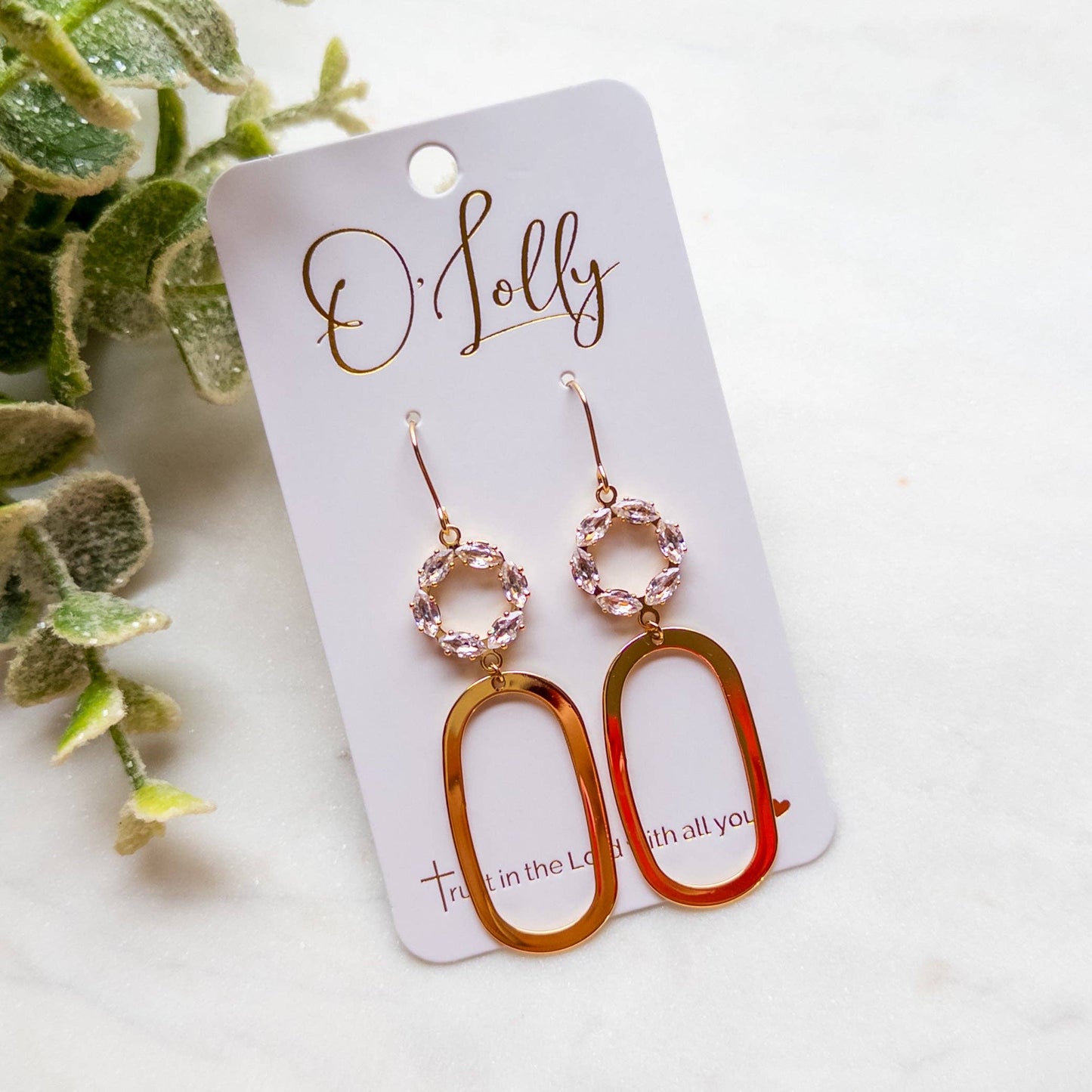 Cubic Zirconia Open Connector w/Gold Plated Open Oval Earrings “Oaklee”