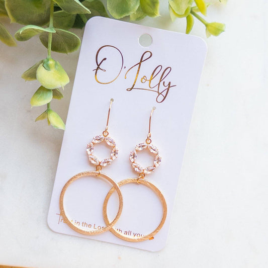 Cubic Zirconia Open Connector w/Gold Texture Hoop Dangle Earrings “Jenny”