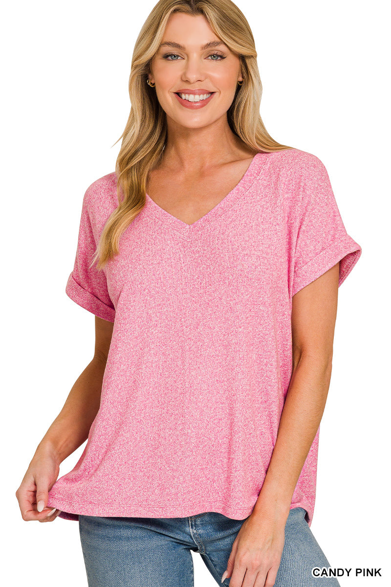 Soft-V Neck Tee-Candy Pink
