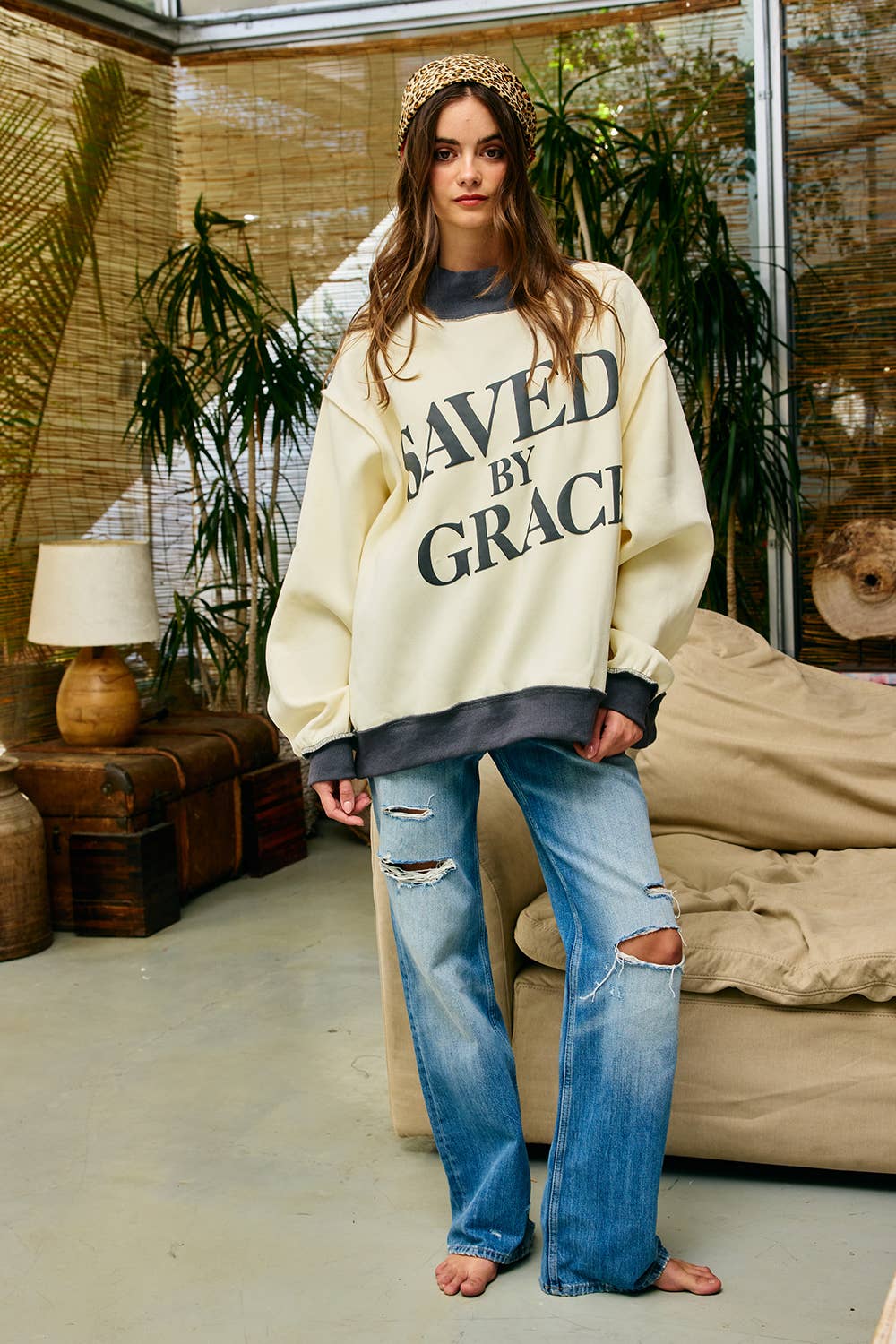 Saved by Grace Puff Print Sweatshirt: CREAM / PINK