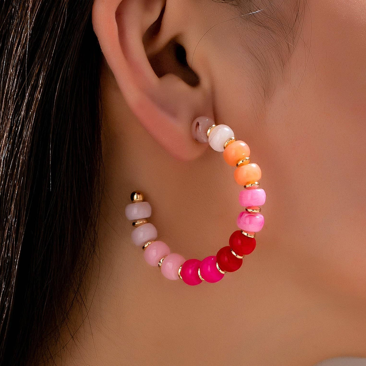 Rainbow Beaded Hoop Earrings Gold